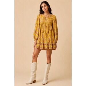 Cleobella Yellow Floral Cotton Mini Dress XS Balloon Sleeve Boho Tassel Tie